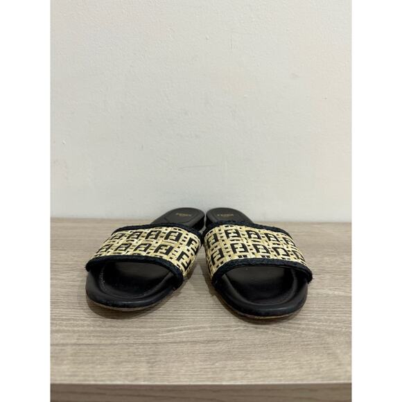 Fendi Raffia FF Logo Slip On Flat Slide Sandals Natural Black Women's Size 38 - Picture 4 of 8